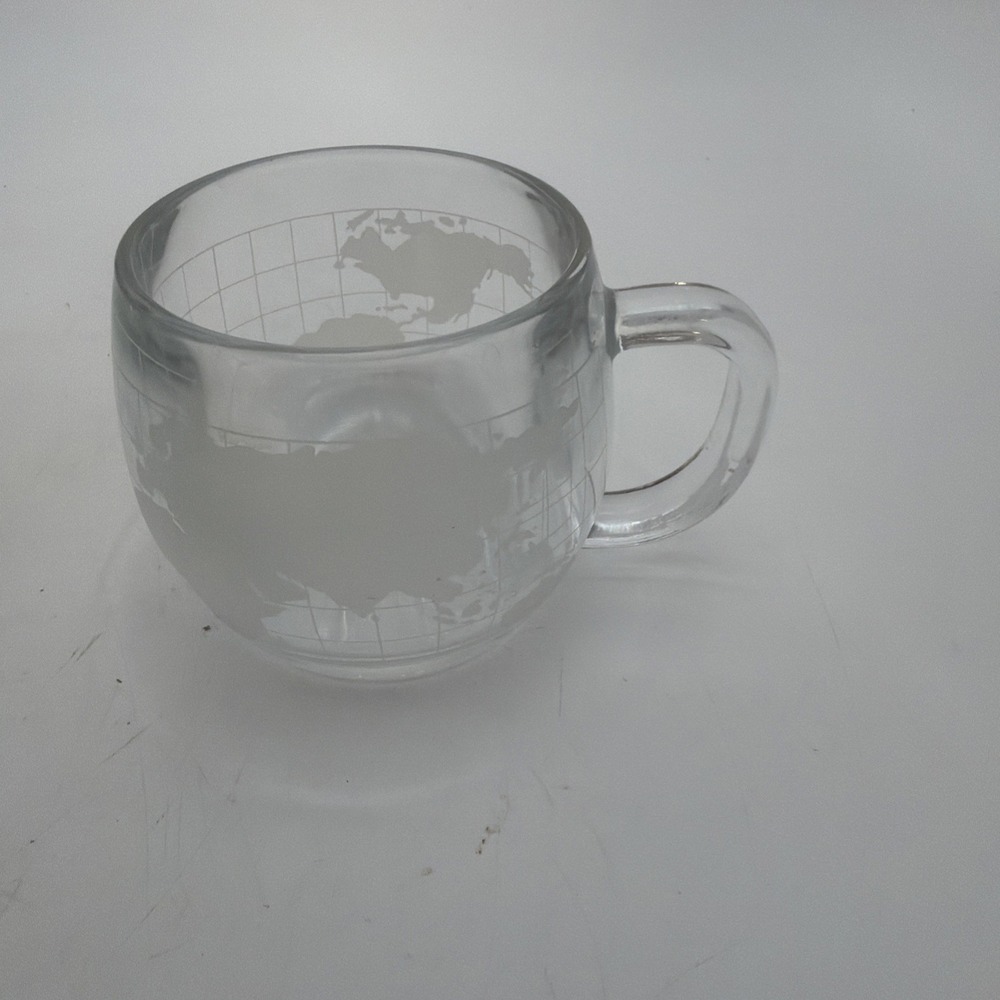 Vintage 1970's Nestle Nescafé Clear Glass Globe World Cup Coffee Tea Mug Etched